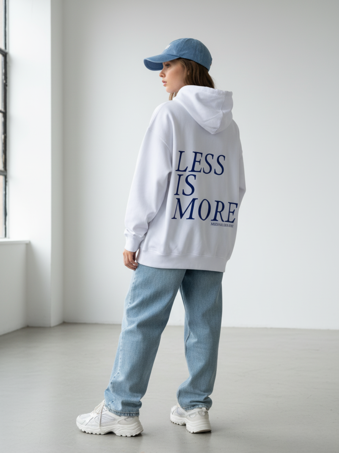 Hoodie blanco Extrude Less is More unisex con tipografía grande en la espalda – streetwear minimalista inspirado en arquitectura, moda urbana Colombia