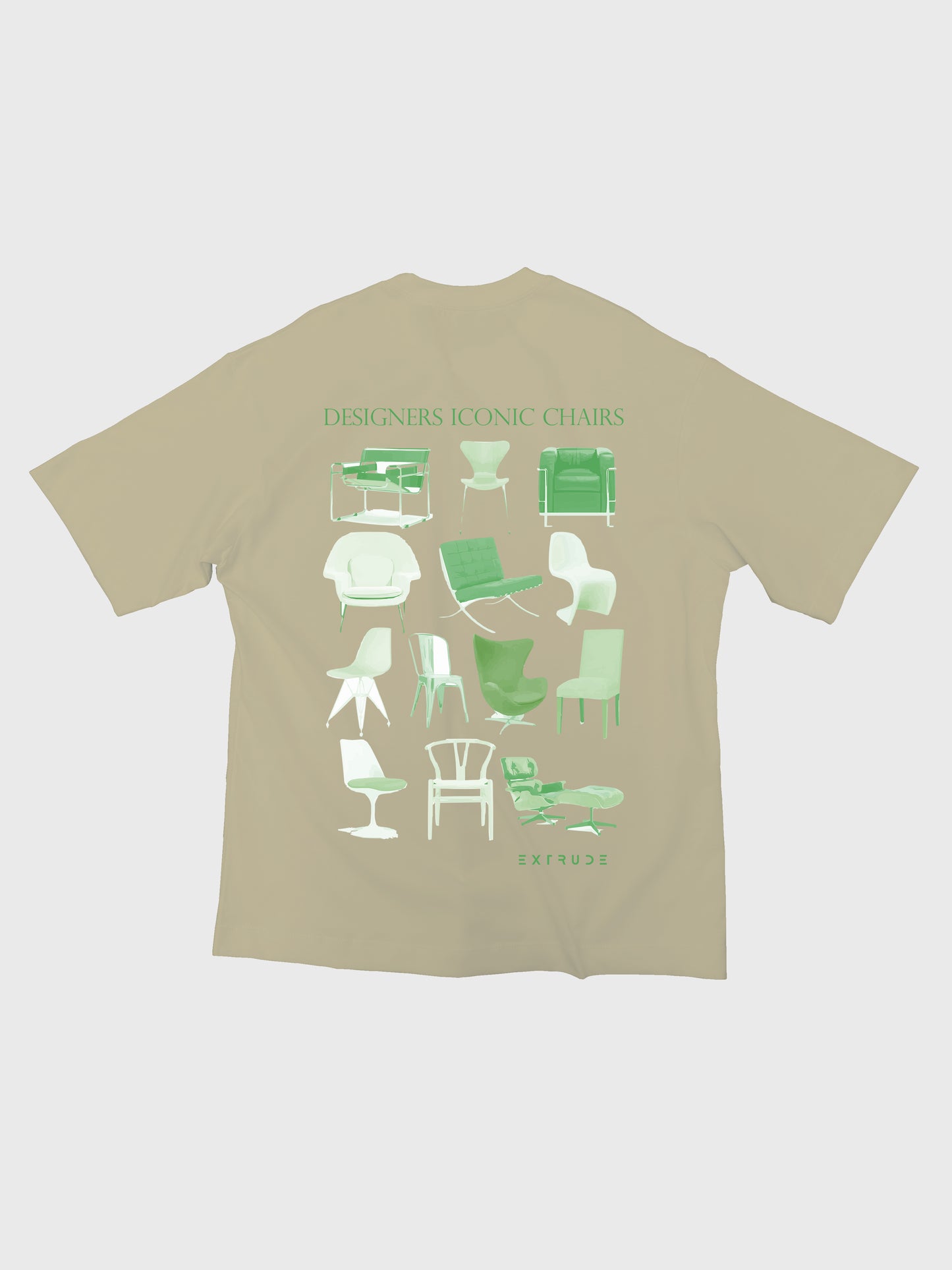 Camiseta unisex beige Extrude Take a Seat con ilustraciones de sillas icónicas en la espalda y logo Extrude