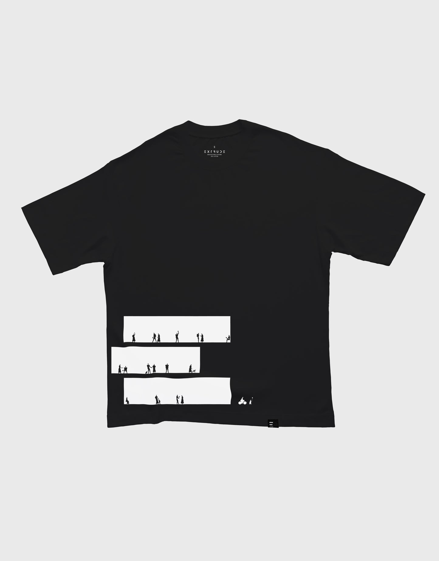 Camiseta negra unisex Extrude The Modulor con ilustración arquitectónica en el frente – moda minimalista para amantes de la arquitectura