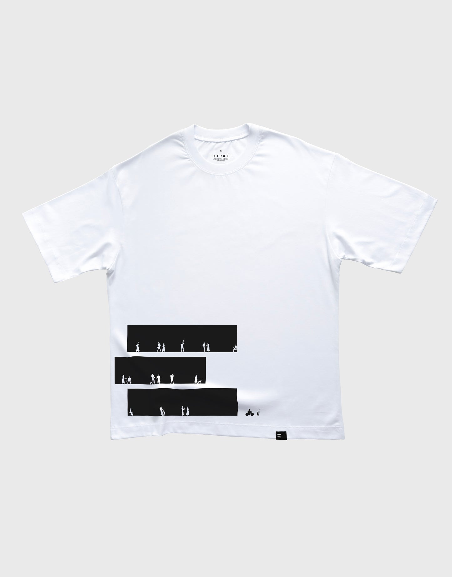 Camiseta blanca unisex Extrude The Modulor con diseño arquitectónico en el frente – streetwear minimalista inspirado en arquitectura