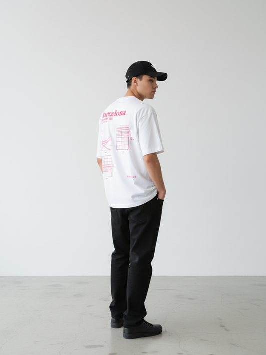 Camiseta unisex blanca Extrude Barcelona vista trasera
