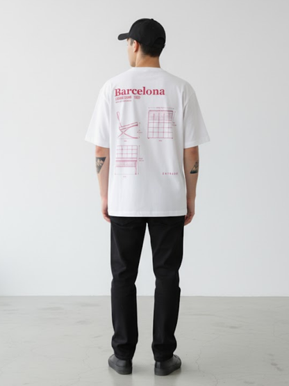 Camiseta unisex blanca Extrude Barcelona vista trasera