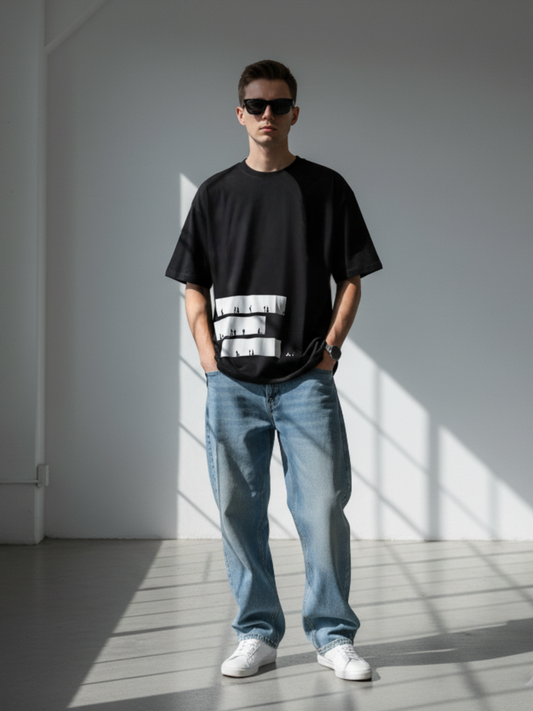 Camiseta negra unisex Extrude The Modulor con ilustración arquitectónica en el frente – moda minimalista para amantes de la arquitectura